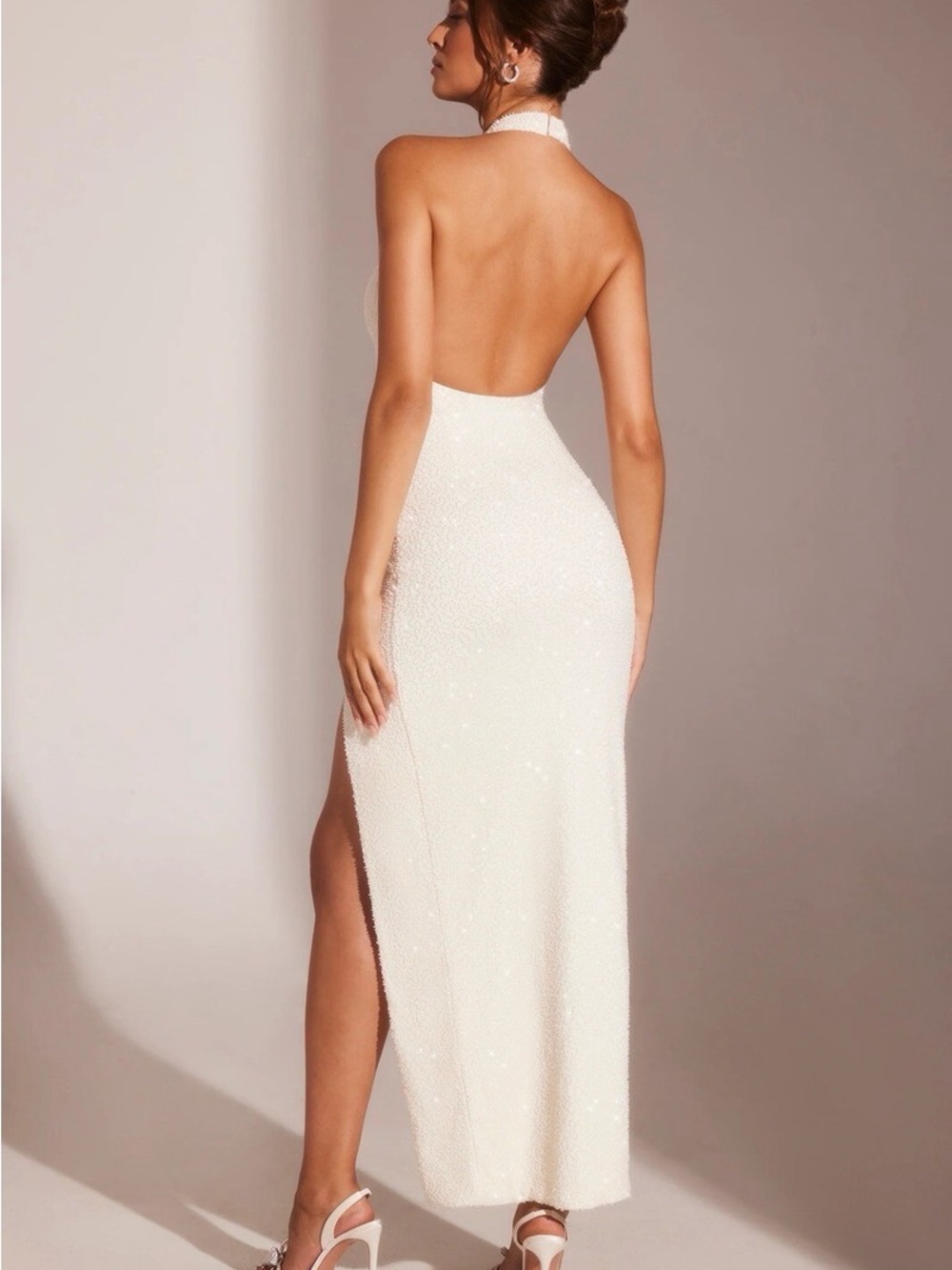 Oh Polly White Strapless Beaded Halter Evening Gown with Thigh Slit - Picture 3 of 6